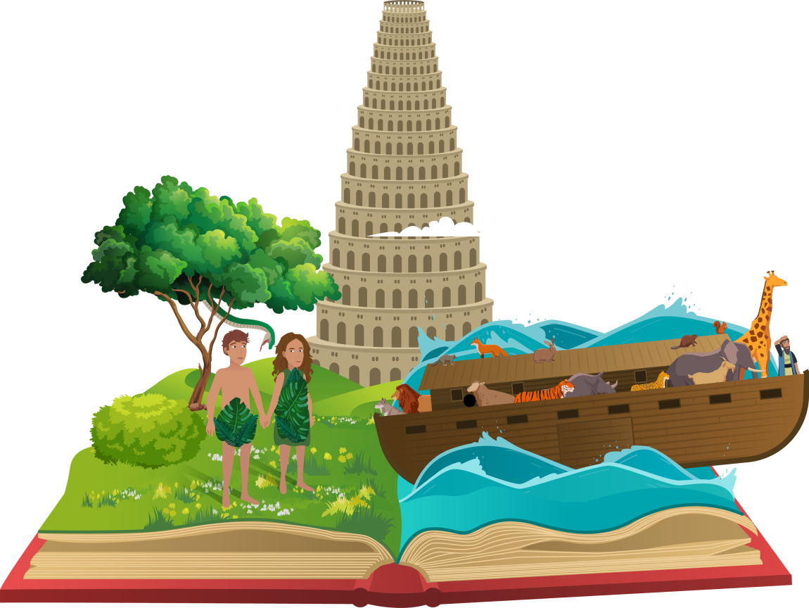An open book with Noah's Ark on the right side and Adam&Eve on the left side, with Tower of Babel on the background